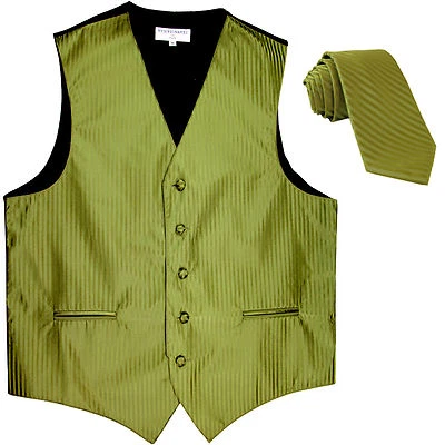 New Men's formal Vertical stripes tuxedo Vest Waistcoat_necktie Spinach Green - Image 1 of 4