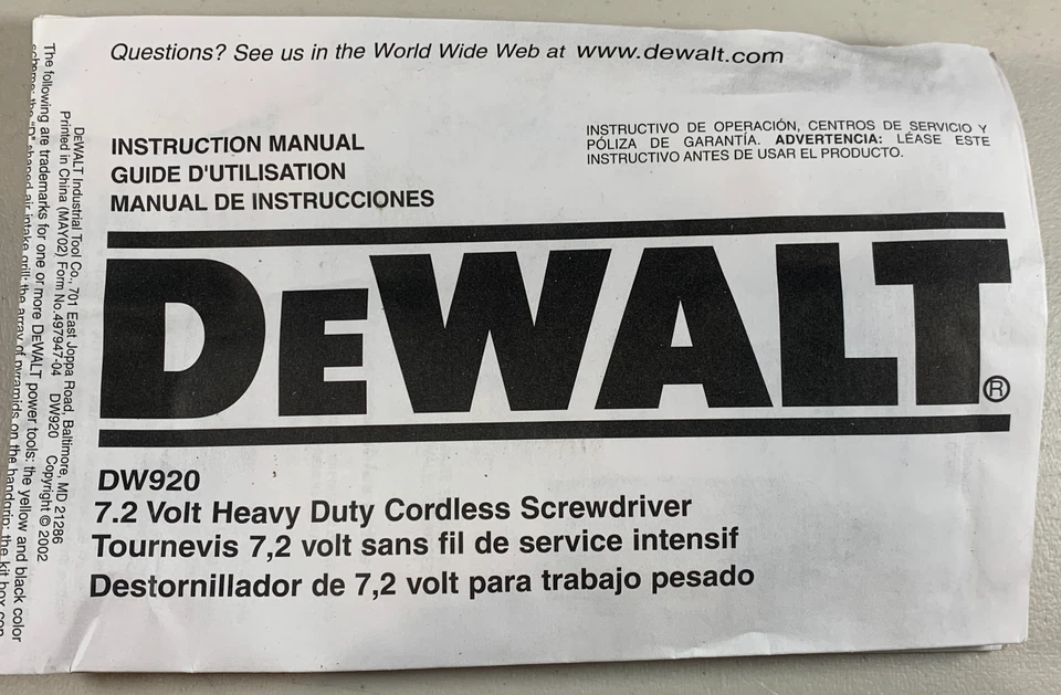 MANUAL ONLY for Dewalt DW920 7.2V Heavy Duty Cordless Screwdriver OEM - Image 1 of 1
