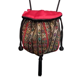 Potli Bag Purse Pouch Drawstring Bag Black Gold Red Jacquard Brocade Ribbon - Picture 1 of 18