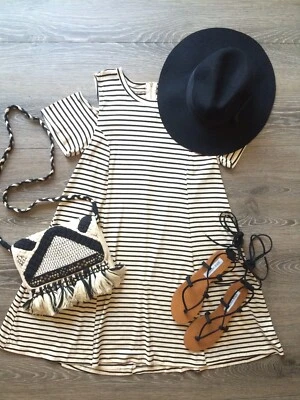 Loveriche Striped Cold Shoulder Shift Swing Indie Festival Dress NWT Small - Image 1 of 4