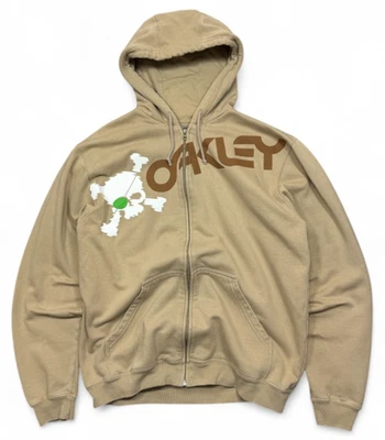 Vintage Oakley Hoodie Mens L Tan Beige Y2K Skull Crossbones Zip Sweatshirt 2000s - Image 1 of 4
