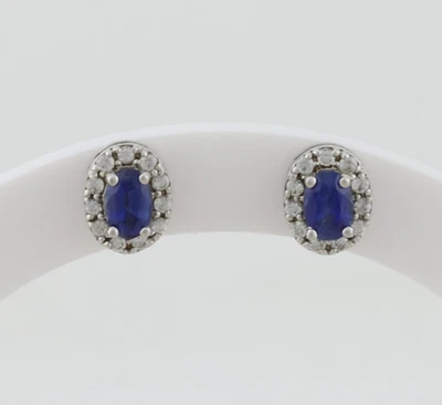 Sterling Silver Lab Created Blue Sapphire & White Topaz Earrings Studs 3/8 x 1/4 - Image 1 of 4