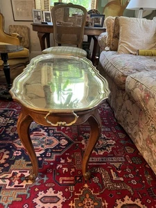 Vintage Walnut Coffee Table with Brass Tray Vintage French Louis VX  - Picture 1 of 9