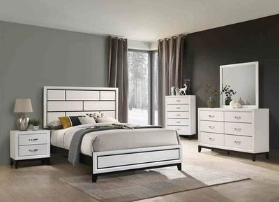 White Finish Queen Size 4pc Bed Set Metal Handle Two Tone Design Panel Headboard - Image 1 of 4