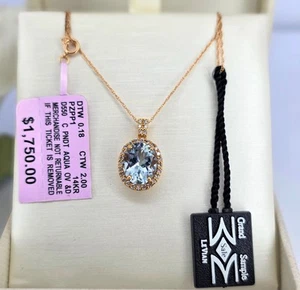 Sparkling 14kt 18" Levian Rose Gold Oval Aquamarine Diamond Halo Necklace - Picture 1 of 7