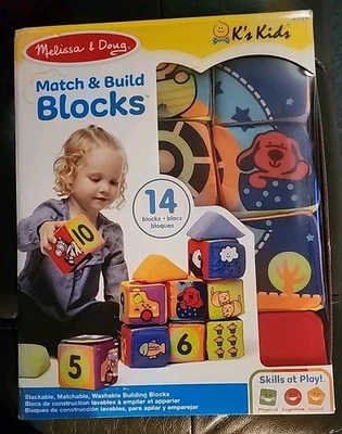 Melissa & Doug K's Kids Match & Build Blocks 14 peças brinquedo de empilhamento macio NOVO - Imagem 1 de 2