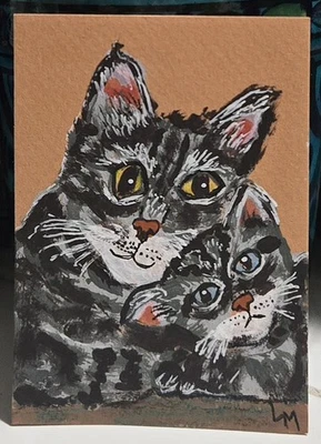 ACEO 原创艺术绘画两灰色黑色猫和小猫独一无二 ATC 迷你丙烯酸  — 第 1/4 张图片