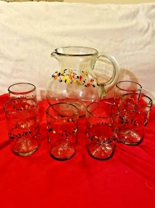 Jarra de confeti de vidrio soplado a mano de México y 6 vasos de jugo divertido conjunto vintage - Imagen 1 de 7