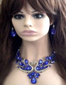 NECKLACE & EARRINGS JEWELRY SET - STUNNING BLUE ICE CRYSTALS WHITE RHINESTONES ' - Picture 1 of 19