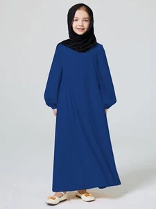 Arab Ramadan Kids Girls Kaftan Solid Color Elastic Pleated Sleeve Abaya Robe - Picture 1 of 18