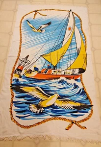 Vintage Segelboot Möwen Maritim Strandtuch 34x58" Fransen Ozean Segeln - Bild 1 von 15