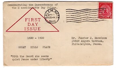 #682 Massachusetts Bay Colony 1930 FDC -  Planty #33 Variety 1st Knowlson - Image 1 of 2