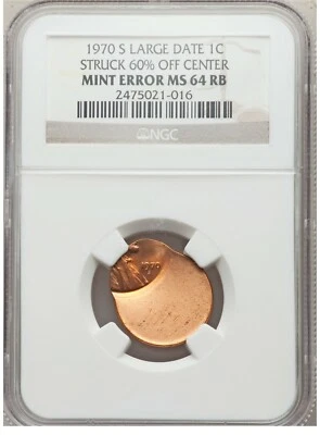 ER017 1970-S 1C Large Date, Lincoln Cent -- Struck 60% Off Center -- NGC MS64 RB - Image 1 of 2