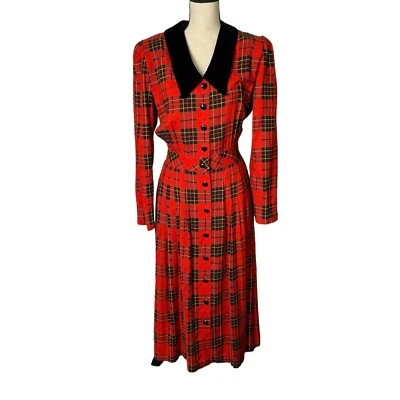 L. G. Star Dress Womens Size 10 Maxi Red Black Plaid Velvet Collar Holiday VTG - Image 1 of 4