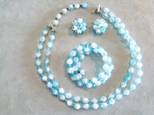 Vintage PEARLCRAFT Blue Art Glass & Rhinestone Necklace Bracelet & Earrings - Picture 1 of 5