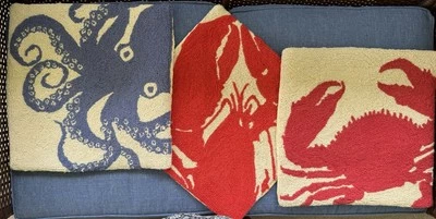 Juego de 3 fundas de almohada vintage de lana de 18” x 18” pulpo langosta cangrejo años 40 Foto 1 de 4