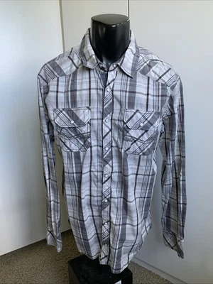 Camisa a presión BKE Athletic Fit para hombre talla grande gris a cuadros manga larga Foto 1 de 4