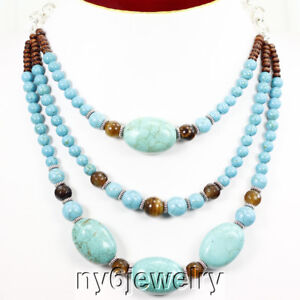 Blue Magnesite Turquoise& Natural Tigereye 3 strands Huge Bib statement Necklace