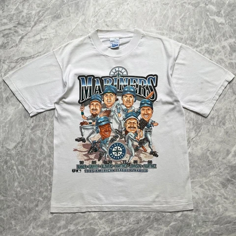 VTG 90s MLB SEATTLE MARINERS 1995 CARICATURE T-SHIRT SALEM YOUTH SIZE XL Cover