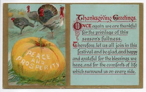 Thanksgiving Greetings Peace & Prosperity Turkey Pumpkins Embossed DB Postcard - Picture 1 of 14