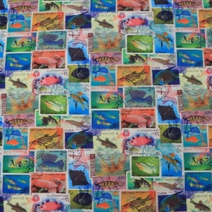 TROPICAL MARINE LIFE FISHES POSTAGE STAMPS BLUE 100% COTTON FABRIC BY YARD 55"W - Picture 1 of 7