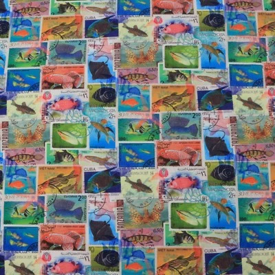 TROPICAL MARINE LIFE FISHES POSTAGE STAMPS BLUE 100% COTTON FABRIC BY YARD 55"W - Image 1 of 4