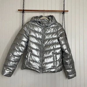 NWOT Madden NYC Girls Metallic Silver Full Zip Hooded Puffer Jacket Size XL - Picture 1 of 10