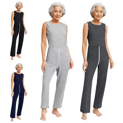 Macacão unissex para idosos macacão de enfermagem com zíper roupa de dormir - Imagem 1 de 4