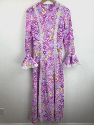 Vestido maxi vintage roxo floral manga sino XXS - Imagem 1 de 4