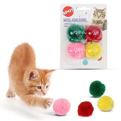 Spot 1.5In Wool Pom Pom Balls Cat Toy Pack Of 4 Colorful Catnip Balls - Image 1 of 4