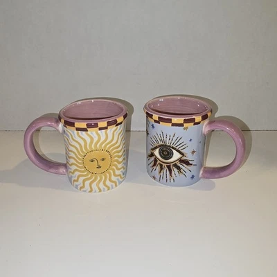 Anthropologie set/2 Fortune Eye Sun Espresso Cups/Mugs Handpainted Stoneware NWT - Image 1 of 4