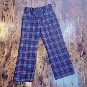 Men's 70s Vintage Navy Plaid Poly Pants 32 x 27 Flat Front Trouser - Picture 1 of 2