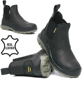 MENS LEATHER CHELSEA SAFETY BOOTS DEALER STEEL TOE CAP SLIP/PULL ON WORK SHOE SZ - Picture 1 of 4