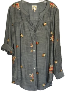 Camicia donna fico e fiore taglia 1X ricamata floreale rotolo linguetta manica blu - Foto 1 di 15