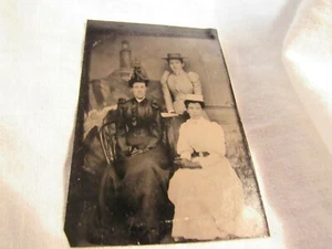 Antique Tintype 3 Victorian Women Gloves Hats 3-1/2”x2-1/2” - Picture 1 of 3