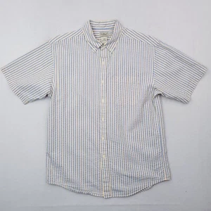 LL Bean Shirt Mens Medium Cream Blue Striped Seersucker Button Down Rockabilly - Picture 1 of 10