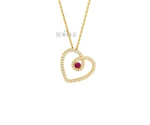 14K Gold VS/F-G Diamond And Ruby Heart Pendant Necklace -Love You Forever - Picture 1 of 3