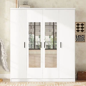 Freestanding Mirror Wardrobe Armoire Closet Organizer Cabinet w/Hang Rail Drawer - Picture 1 of 11