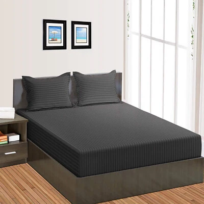 1000 TC 100% COTTON FITTED SHEET+2 PILLOW CASE- 8 TO 30 INCH GRAY STRIPE - Image 1 of 4