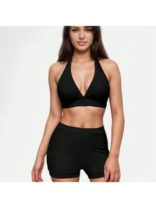 Women's Two Piece Bikini Set With Halter Triangle Top And High Waist Swim Shorts - Picture 1 of 28