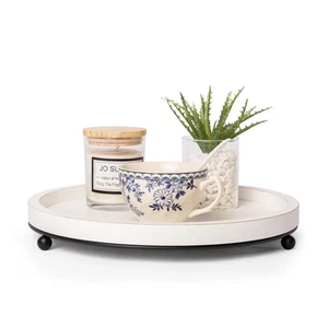 GENMOUS 12in Decorative Tray - White Wood Iron Bead Round Tray for Coffee Tab... - Picture 1 of 7