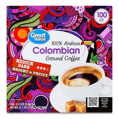 Great Value 100% Arabica Colombian Medium Dark Roast Ground Coffee Pods, 33.1