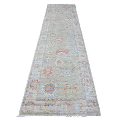 3'1"x11'8" Silver Green Vegetable Dyes Angora Oushak Runner Oriental Rug G88827 - Image 1 of 4