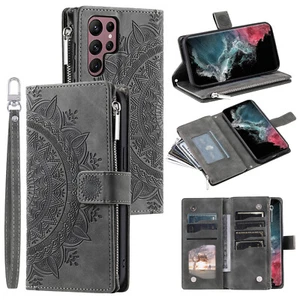 For Samsung S25 Ultra S24 FE S23 S22 Magnetic Leather Pattern Zipper Wallet Case - Picture 1 of 47