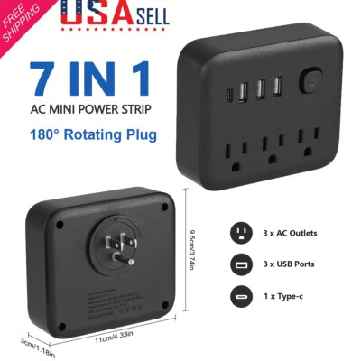 3 Outlets Extender Surge Protector w/Rotating Plug 3 USB &1 USB type C Black NEW - Image 1 of 4
