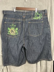 Akademiks Y2K Wide Leg Embroidered Hip Hop Streetwear Denim Jean Shorts 42 - Picture 1 of 12