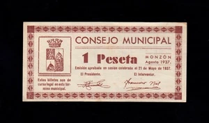 F.C. MONZÓN (HUESCA) , 1 PESETA AGOSTO 1937 , SERIE A , EBC . - Bild 1 von 2