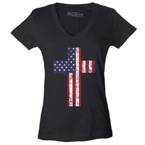 Distressed American Flag Cross Women's V-Neck T-shirt 4th of July Tee - Picture 1 of 7