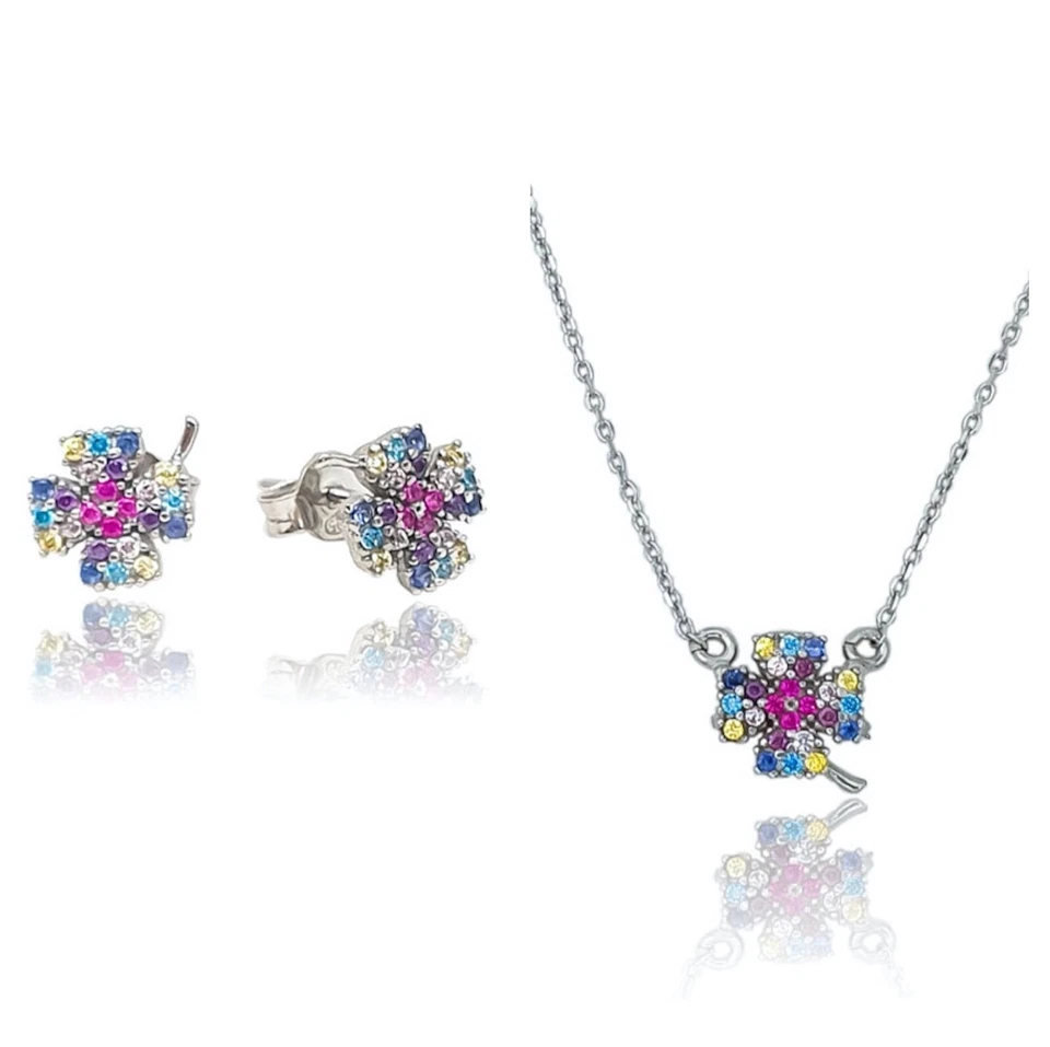 PARURE COLLANA ORECCHINI QUADRIFOGLIO ZIRCONI MULTICOLORE ARGENTO GIOIELLI ARVI - Immagine 1 di 1