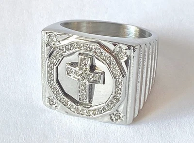 CZ Paved Cross Center Square Face Hand Polished Stainless Steel Mens Ring - Image 1 of 4